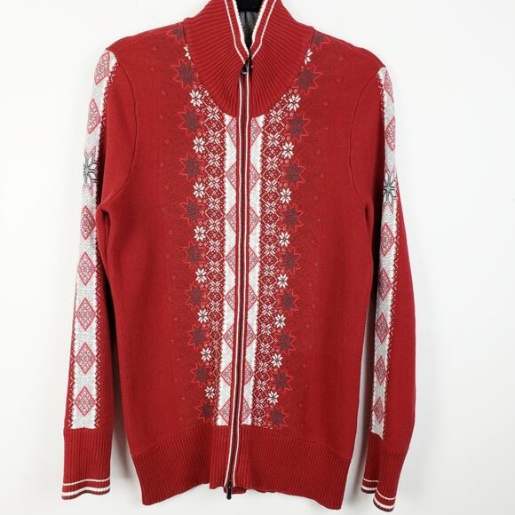 Eddie Bauer Vintage Red Snowflake Fair isle Zip Front Cardigan Sweater Ski - Picture 1 of 14